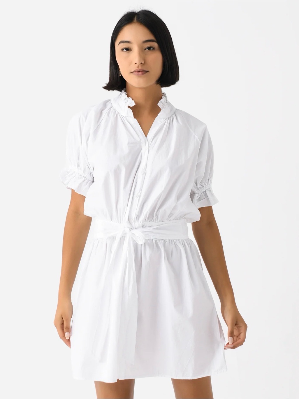 Women's Abby White Ruffle Collar Tie-Waist Shirt Dress Cotton